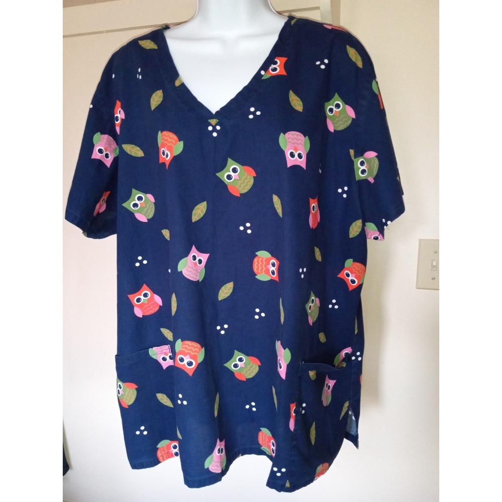 Dark Dye Denim Owl Print‎ V-Neck Scrub Top 2X 2XG UZ33500TD Cotton Pocketed